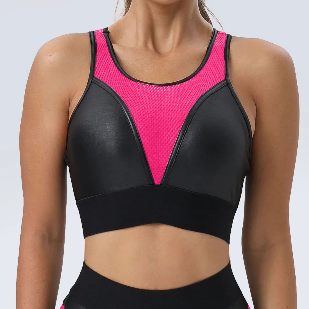 SKU-03-9901 荧光粉文胸 Mesh Patchwork Fitness Bra Wholesale Clothing Sport Bra Women's Sexy Tank Top