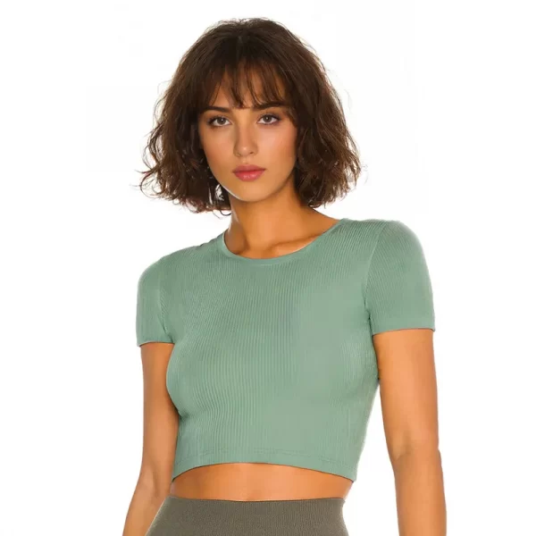 Short Sleeve Yoga Tops Ribbed Shirt with pads Wholesale Clothing Backless Top