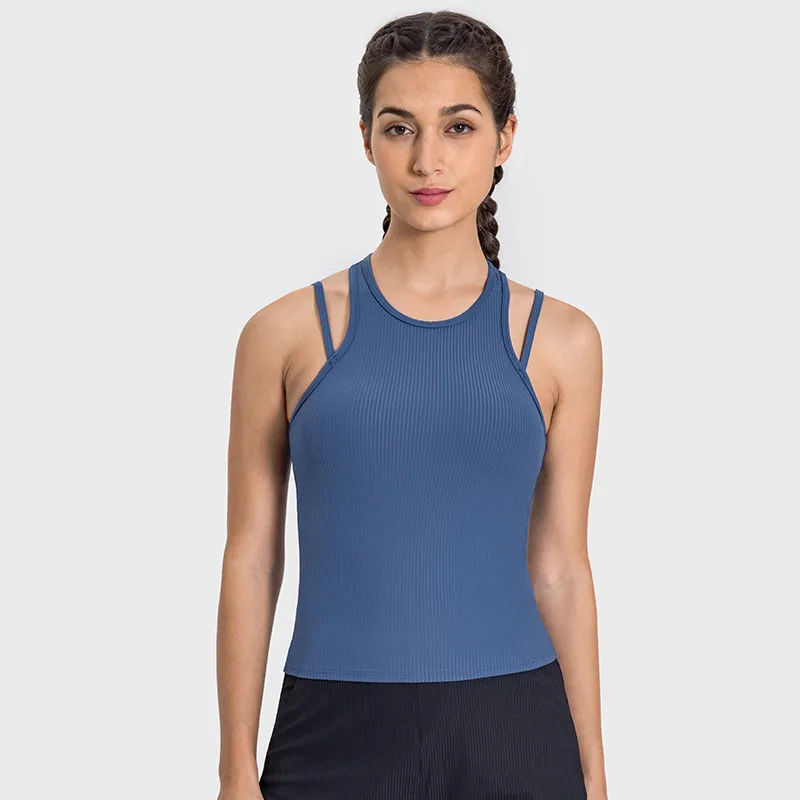 SKU-03-沥青蓝 Tank Tops for Women Ribbed Sleeveless Clothes Yoga Wear Manufacturer Breathable Crop Top