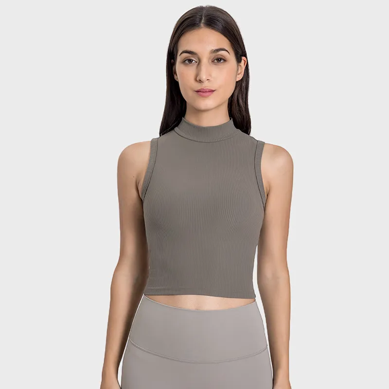 SKU-03-游牧灰 Athletic High Neck Tank Tops Ribbed Sleeveless Clothes Yoga Wear Manufacturer Breathable Crop Top