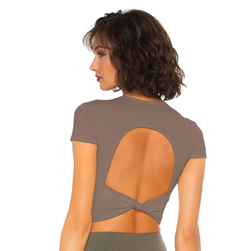 Short Sleeve Yoga Tops Ribbed Shirt with pads Wholesale Clothing Backless Top