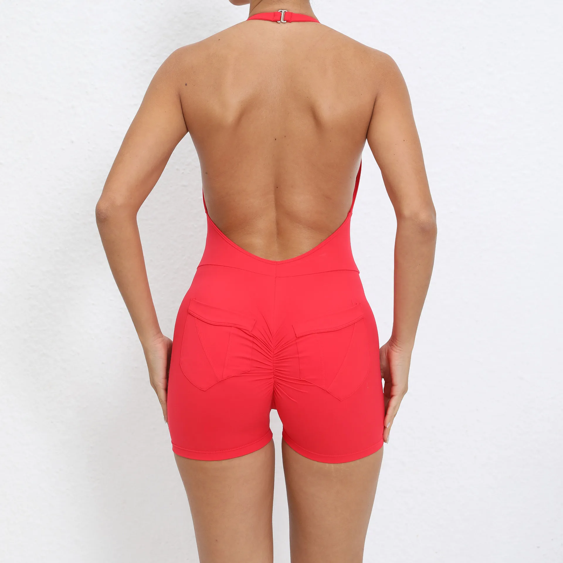 Running Athletic Jumpsuit Halter Neck Backless Body Shorts with Pockets Skims One Piece Jumpsuit