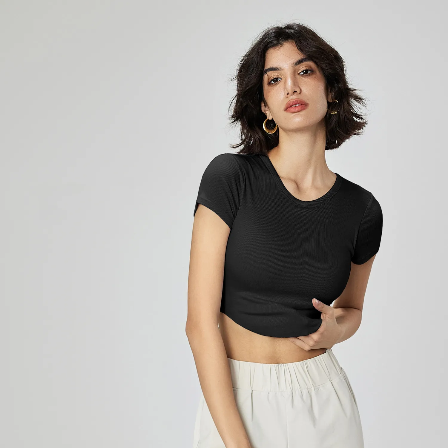 Ribbed Crop Top Short Sleeve Yoga Tops Wholesale Women's Shirt Sexy Sport Wear Ribbed Crop Top Short Sleeve Yoga Tops Wholesale Women's Shirt Sexy Sport Wear