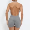 Running Athletic Jumpsuit Halter Neck Backless Body Shorts with Pockets Skims One Piece Jumpsuit