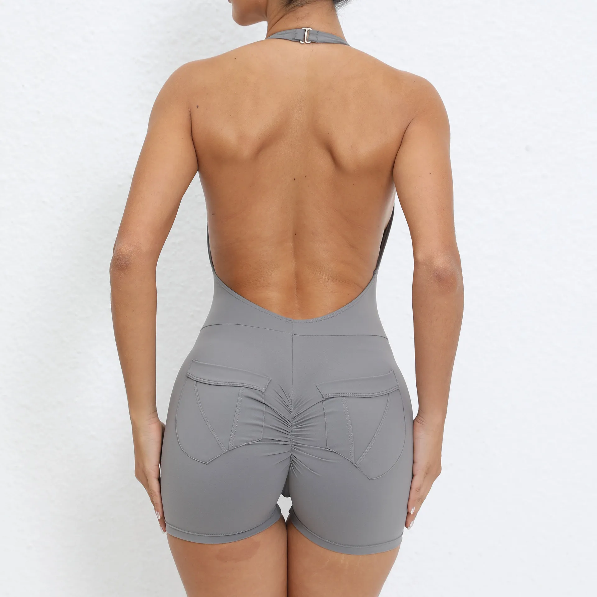 Running Athletic Jumpsuit Halter Neck Backless Body Shorts with Pockets Skims One Piece Jumpsuit
