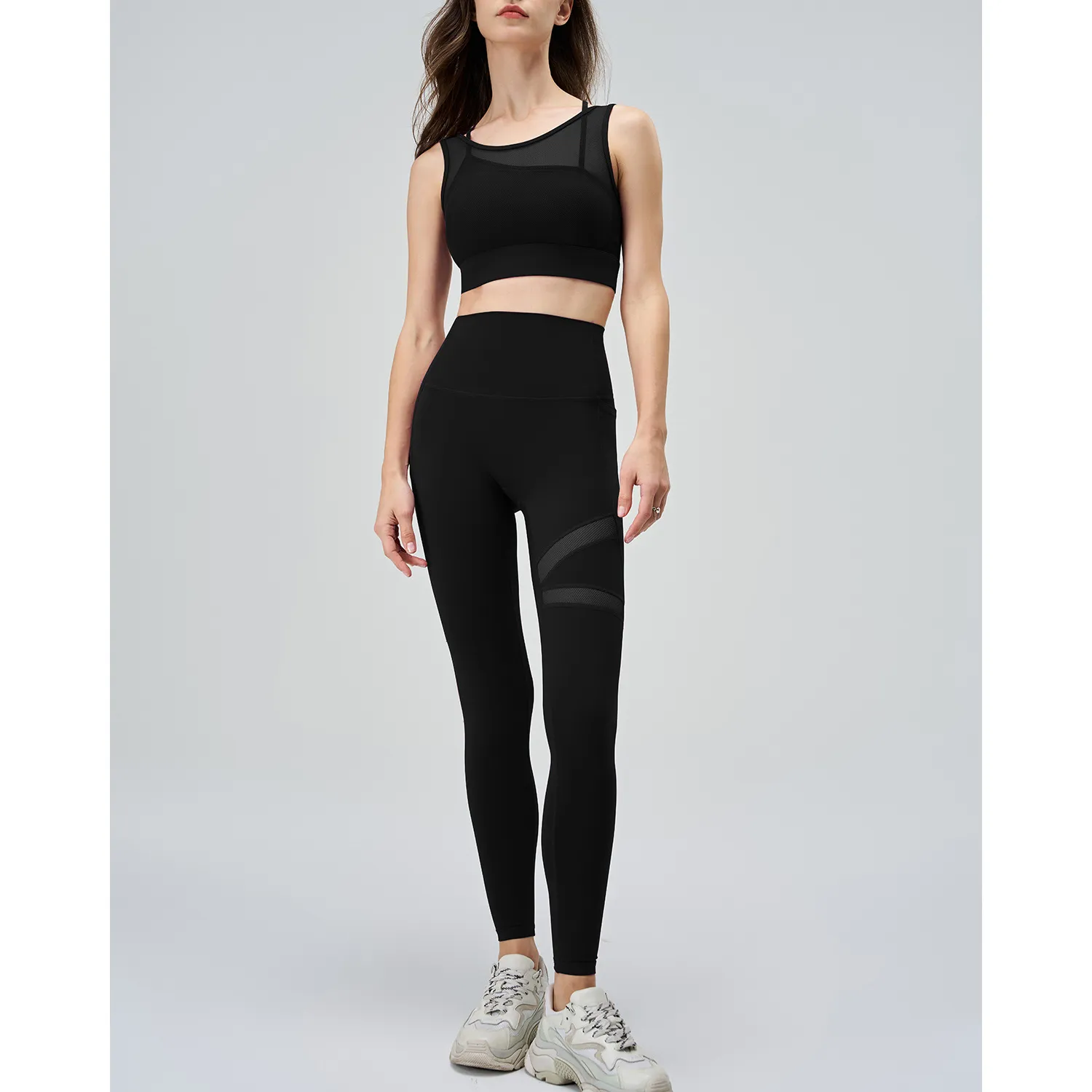 SKU-08-黑色black Mesh Top and Leggings Sets Wholesale Athletic Clothing Fake Two Yoga Set