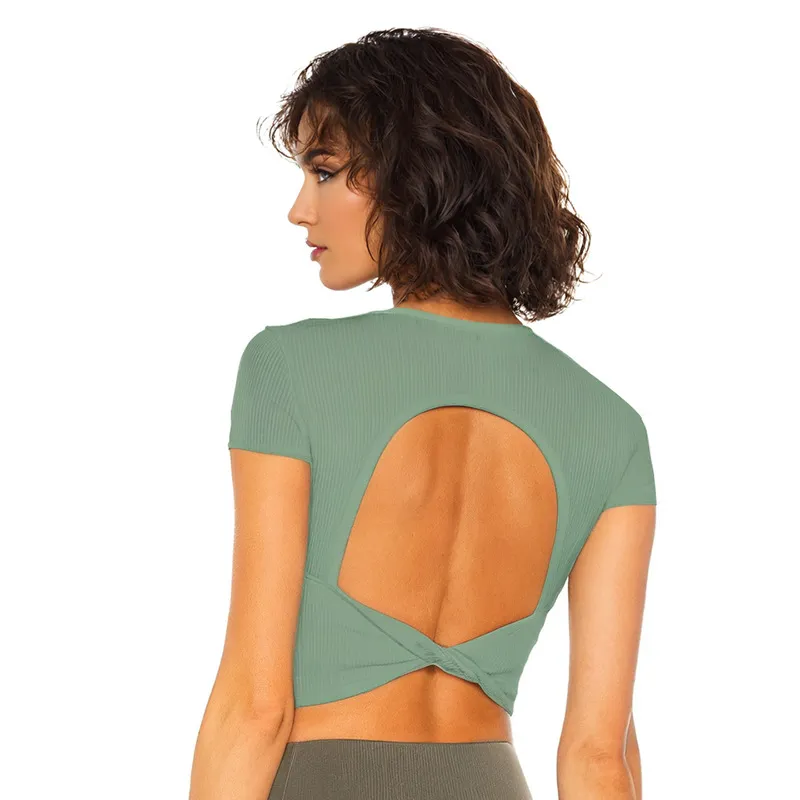 Short Sleeve Yoga Tops Ribbed Shirt with pads Wholesale Clothing Backless Top Short Sleeve Yoga Tops Ribbed Shirt with pads Wholesale Clothing Backless Top