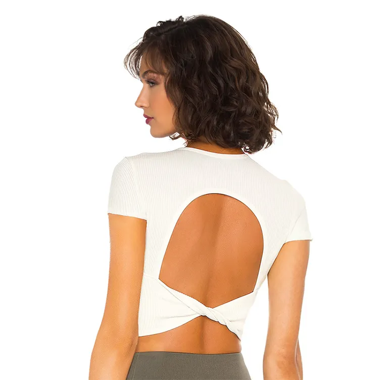 Short Sleeve Yoga Tops Ribbed Shirt with pads Wholesale Clothing Backless Top Short Sleeve Yoga Tops Ribbed Shirt with pads Wholesale Clothing Backless Top