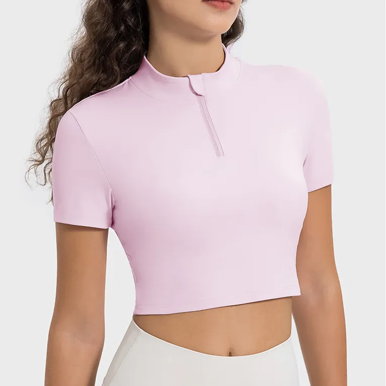 Women's Short Sleeve Tops Wholesale Yoga Top Zipper Neck Athletic Crop Top Women's Short Sleeve Tops Wholesale Yoga Top Zipper Neck Athletic Crop Top