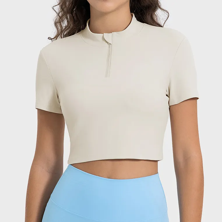 Women's Short Sleeve Tops Wholesale Yoga Top Zipper Neck Athletic Crop Top Women's Short Sleeve Tops Wholesale Yoga Top Zipper Neck Athletic Crop Top