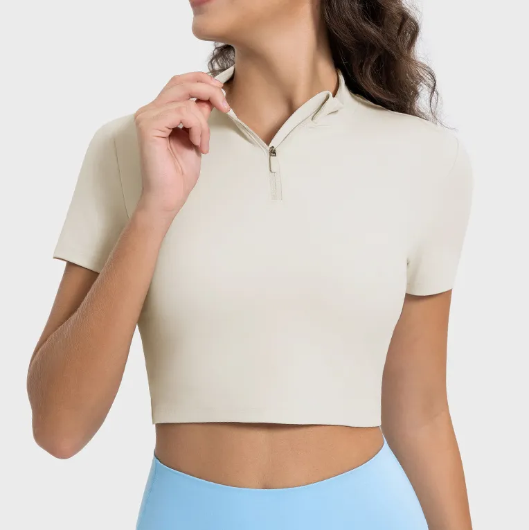 Women's Short Sleeve Tops Wholesale Yoga Top Zipper Neck Athletic Crop Top Women's Short Sleeve Tops Wholesale Yoga Top Zipper Neck Athletic Crop Top