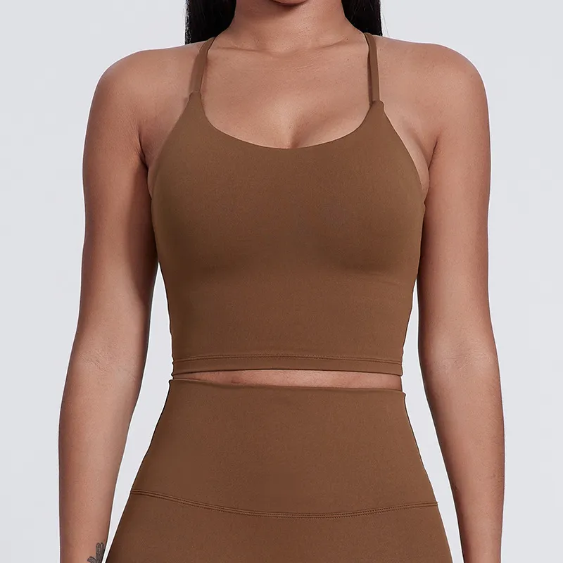 SKU-05-5018果壳棕 Elite Collection-Sports Bra Athletic Yoga Wear Women's Spaghetti Straps Crop Tank Top