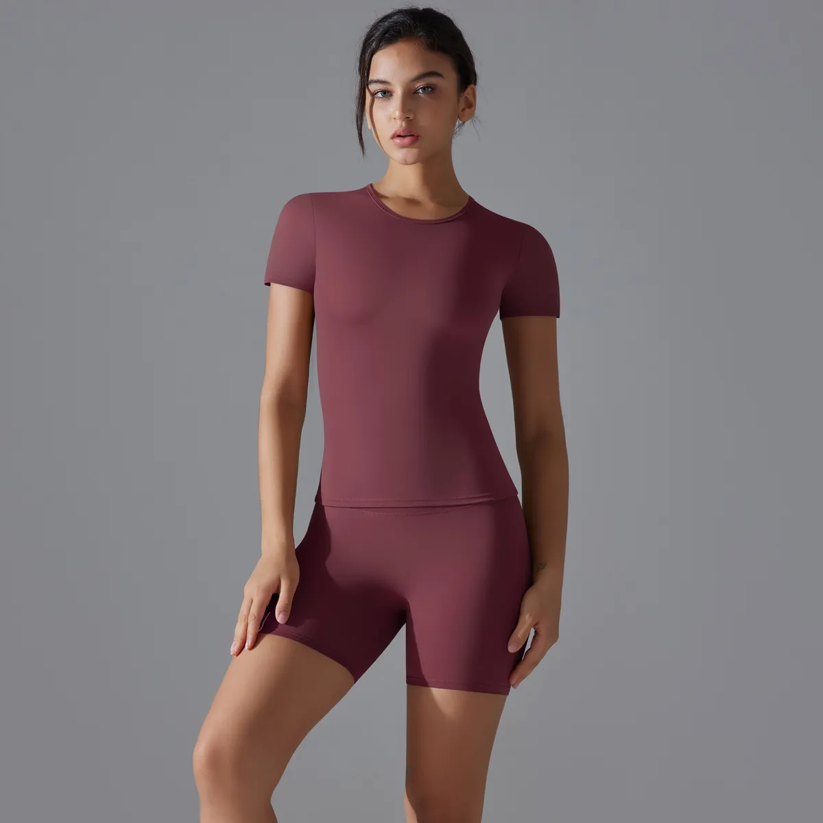 SKU-08-6663短袖+2166三分裤-枣红色