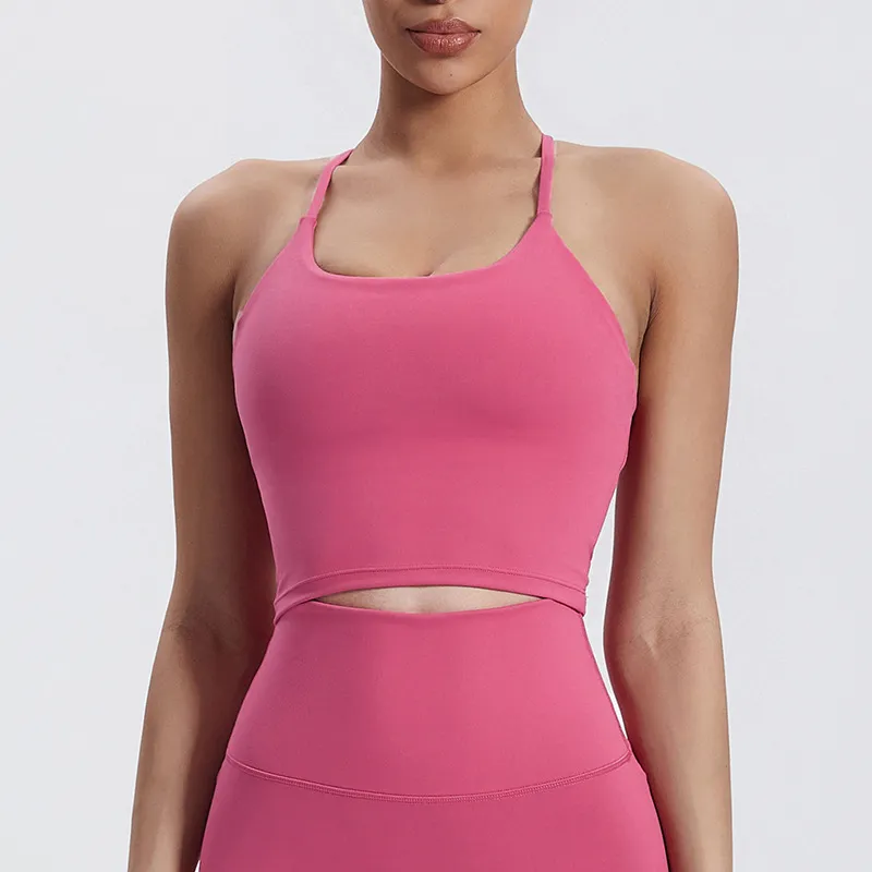 SKU-12-5018果酱红 Elite Collection-Sports Bra Athletic Yoga Wear Women's Spaghetti Straps Crop Tank Top