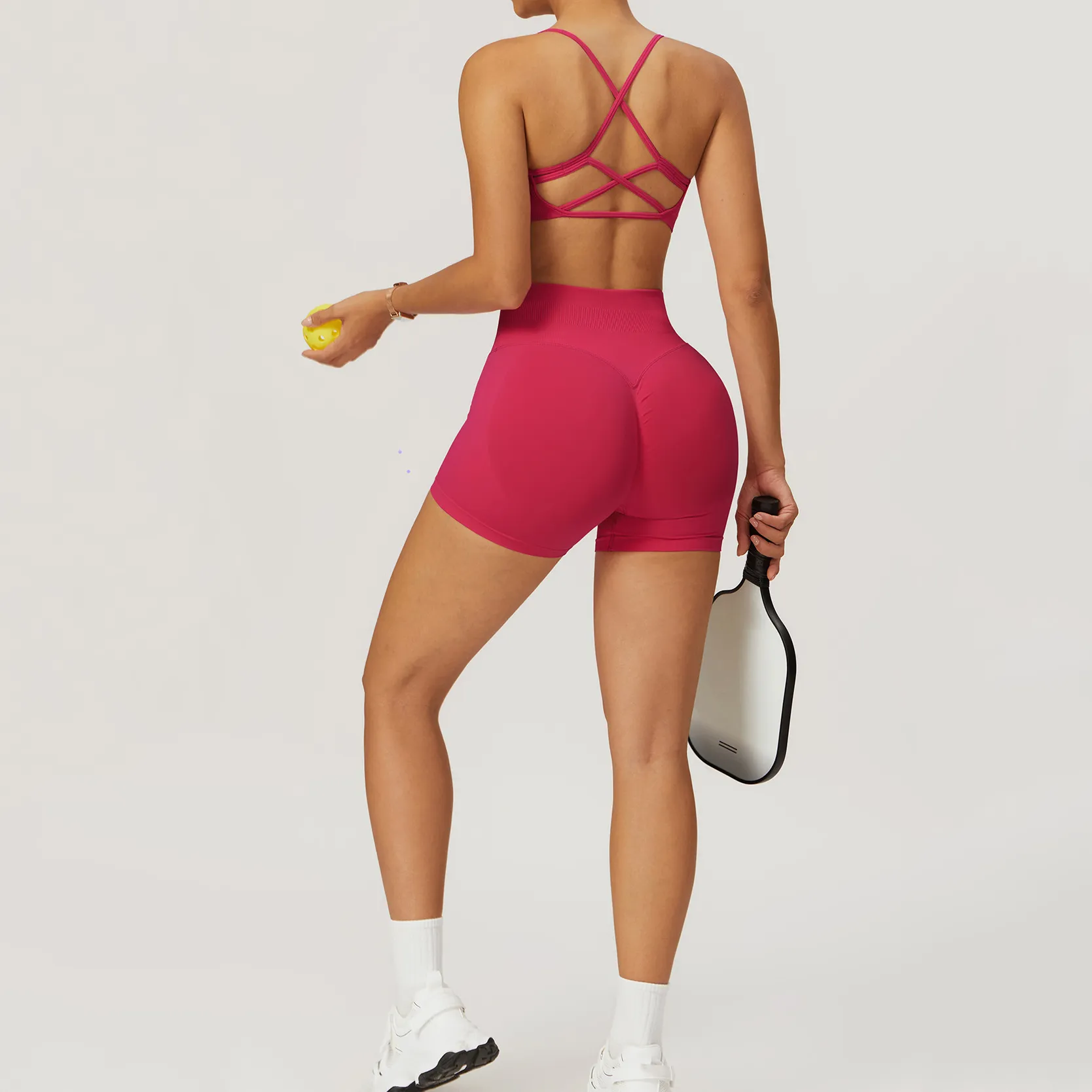 详情-58 Workout Seamless Outfits Butt Lifting Shorts Strappy Cross Back Sports Bra Tight Gym Sets