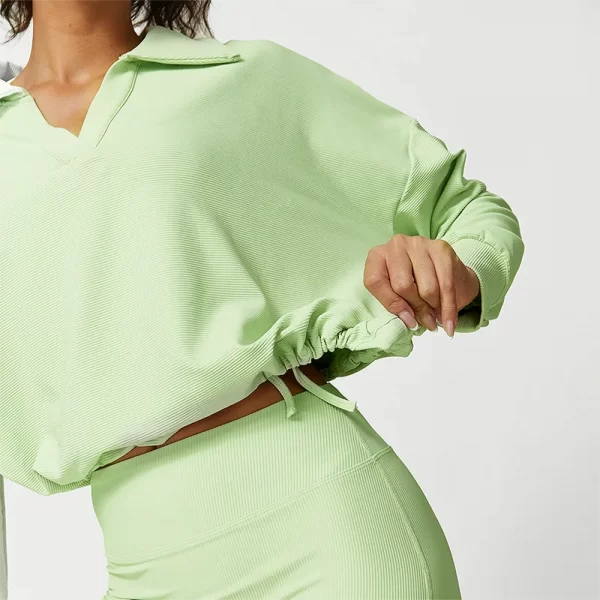 Ribbed Workout Clothes V-Shaped Lapel Jacket Spark Clothing Drawstring Long Sleeve Top