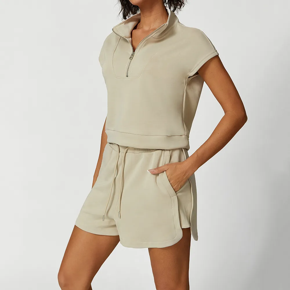 2024-6-19速铂+28727 Modal Casual Suit Women Sportswear Zipper Neck Shirts Gym Drawstring Loose Shorts