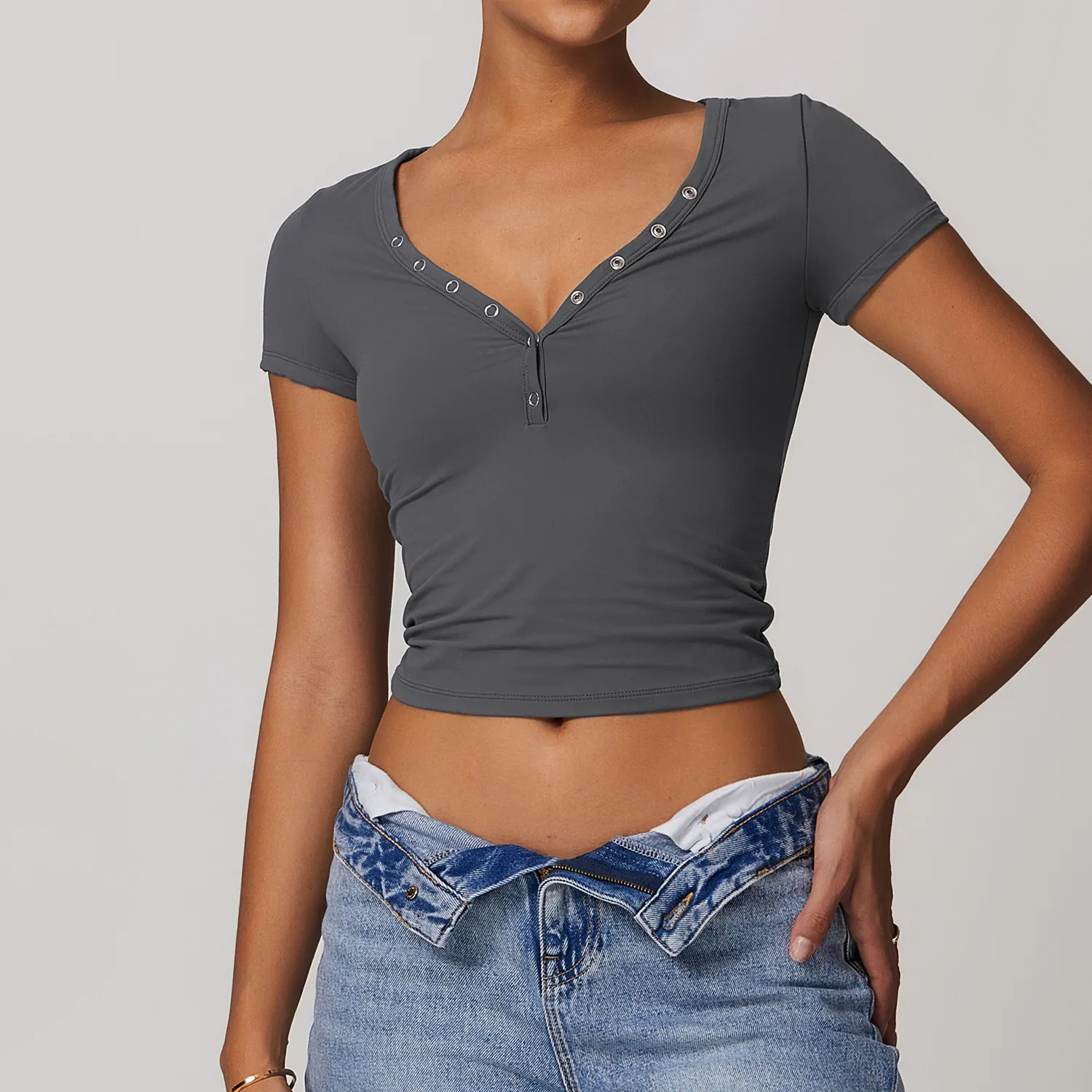 SKU-03-深灰色 Short Sleeve Crop Top Custom Yoga Top V Neck Shirts Yoga Clothing Manufacturers