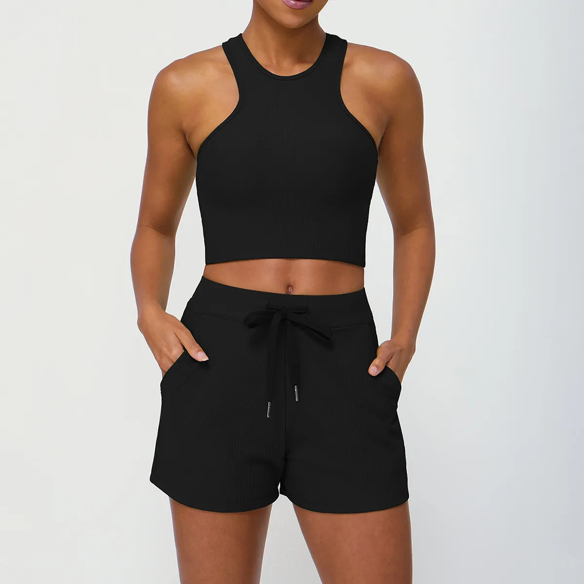 Ribbed Yoga Set Wholesale Shorts with Pockets Female Sports Vest Backless Top Ribbed Yoga Set Wholesale Shorts with Pockets Female Sports Vest Backless Top
