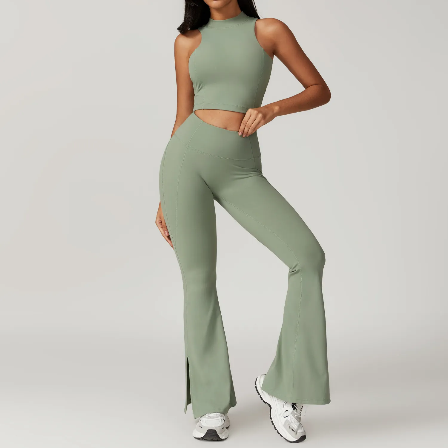 SKU-27-背心+喇叭裤 罗勒绿 Athletic Wear 7 Pieces Sets Hot Yoga Clothes Fitness Clothing Manufacturer Spark Clothing