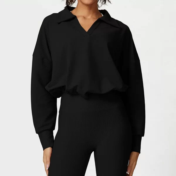 Ribbed Workout Clothes V-Shaped Lapel Jacket Spark Clothing Drawstring Long Sleeve Top