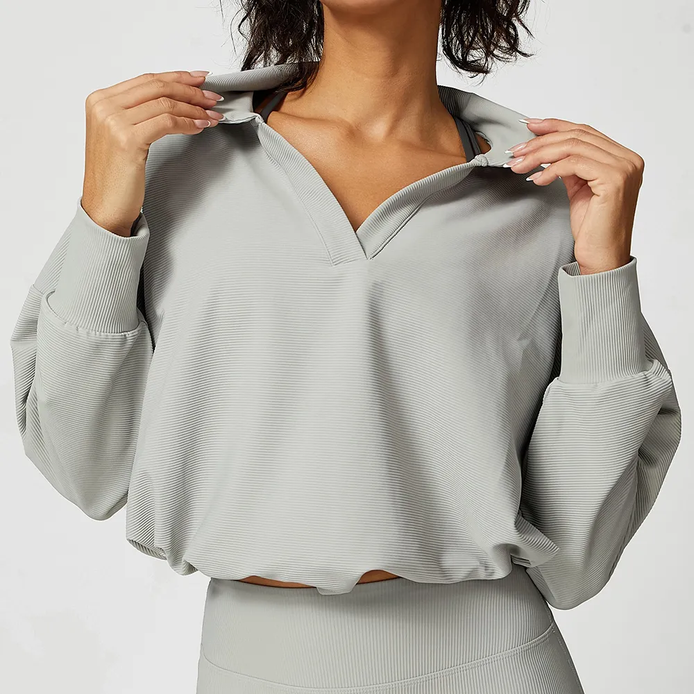 Ribbed Workout Clothes V-Shaped Lapel Jacket Spark Clothing Drawstring Long Sleeve Top Ribbed Workout Clothes V-Shaped Lapel Jacket Spark Clothing Drawstring Long Sleeve Top