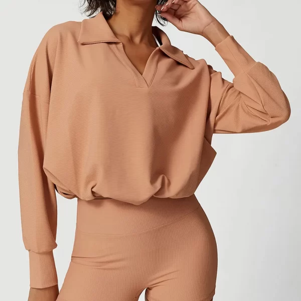 Ribbed Workout Clothes V-Shaped Lapel Jacket Spark Clothing Drawstring Long Sleeve Top
