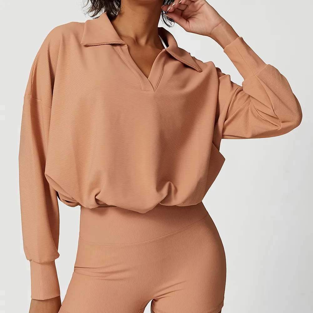 主图-40 Ribbed Workout Clothes V-Shaped Lapel Jacket Spark Clothing Drawstring Long Sleeve Top