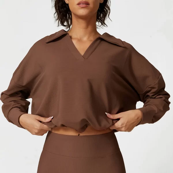 Ribbed Workout Clothes V-Shaped Lapel Jacket Spark Clothing Drawstring Long Sleeve Top