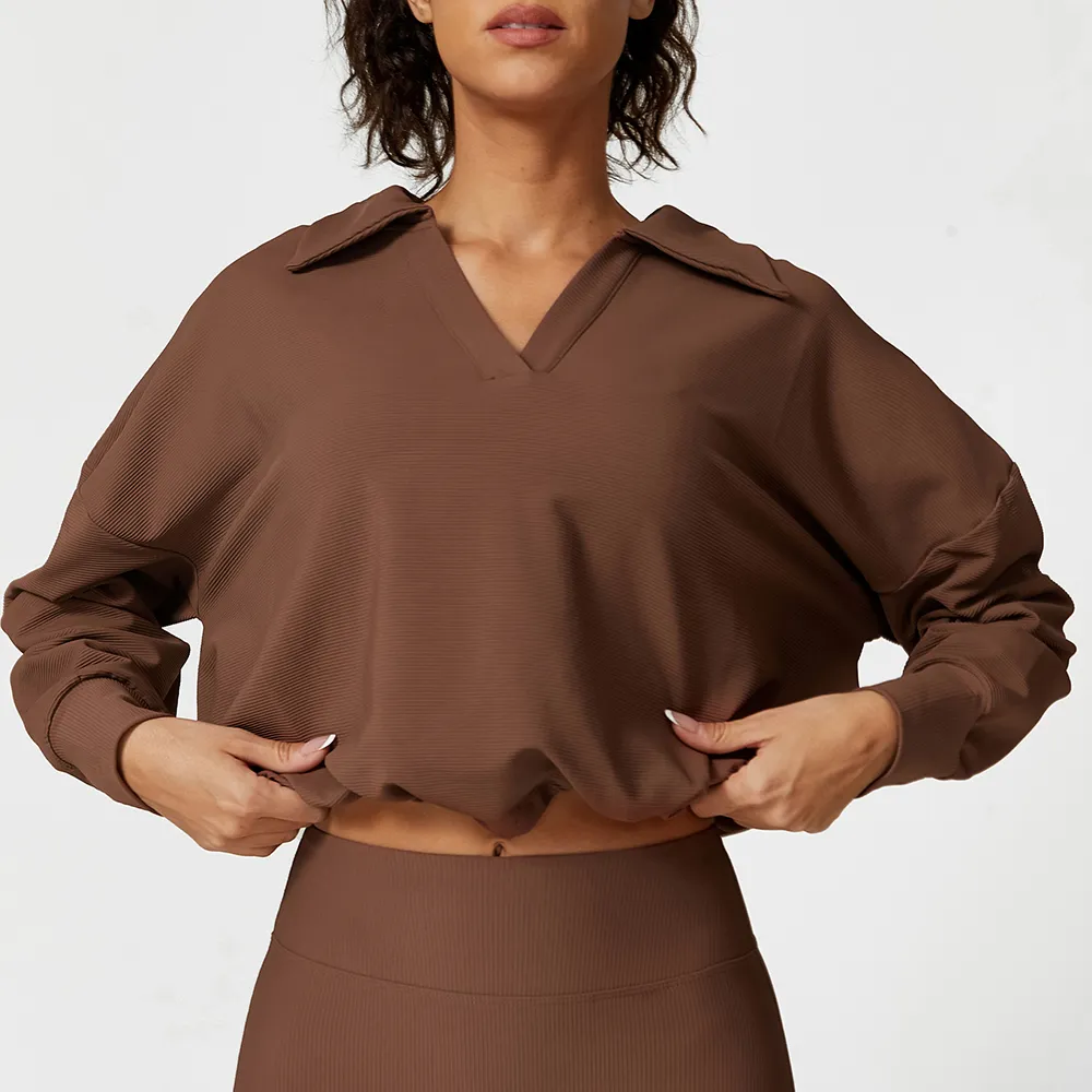 Ribbed Workout Clothes V-Shaped Lapel Jacket Spark Clothing Drawstring Long Sleeve Top Ribbed Workout Clothes V-Shaped Lapel Jacket Spark Clothing Drawstring Long Sleeve Top