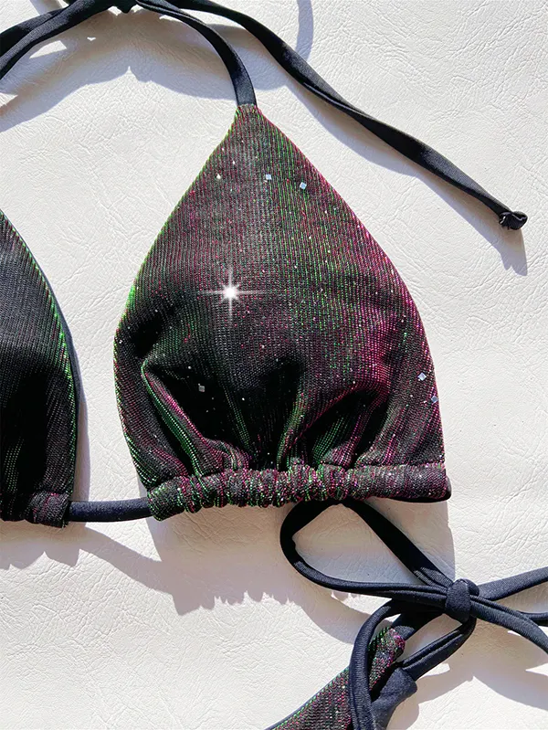 Two Piece Swimsuit Beach Wear for Women Shine Purple Sexy Backless Swimming Bikini
