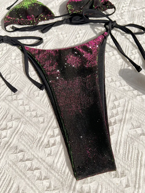 Two Piece Swimsuit Beach Wear for Women Shine Purple Sexy Backless Swimming Bikini