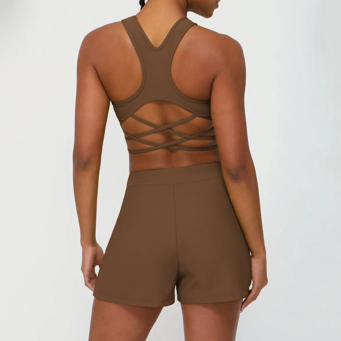 详情-18 Ribbed Yoga Set Wholesale Shorts with Pockets Female Sports Vest Backless Top