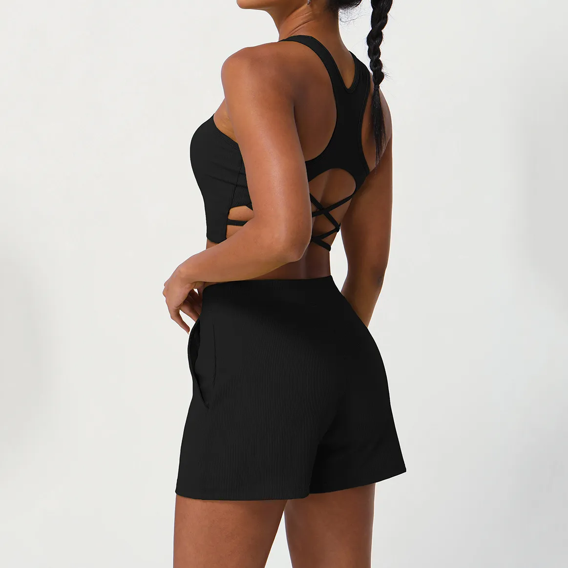 详情-20 Ribbed Yoga Set Wholesale Shorts with Pockets Female Sports Vest Backless Top