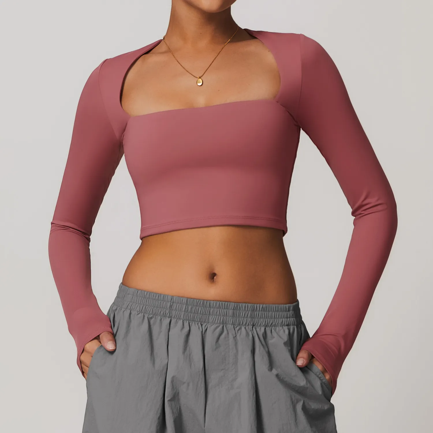 SKU-02-复古红 Long Sleeve Yoga Crop Tops Yoga Apparel Manufacturers Wholesale Women Outfits