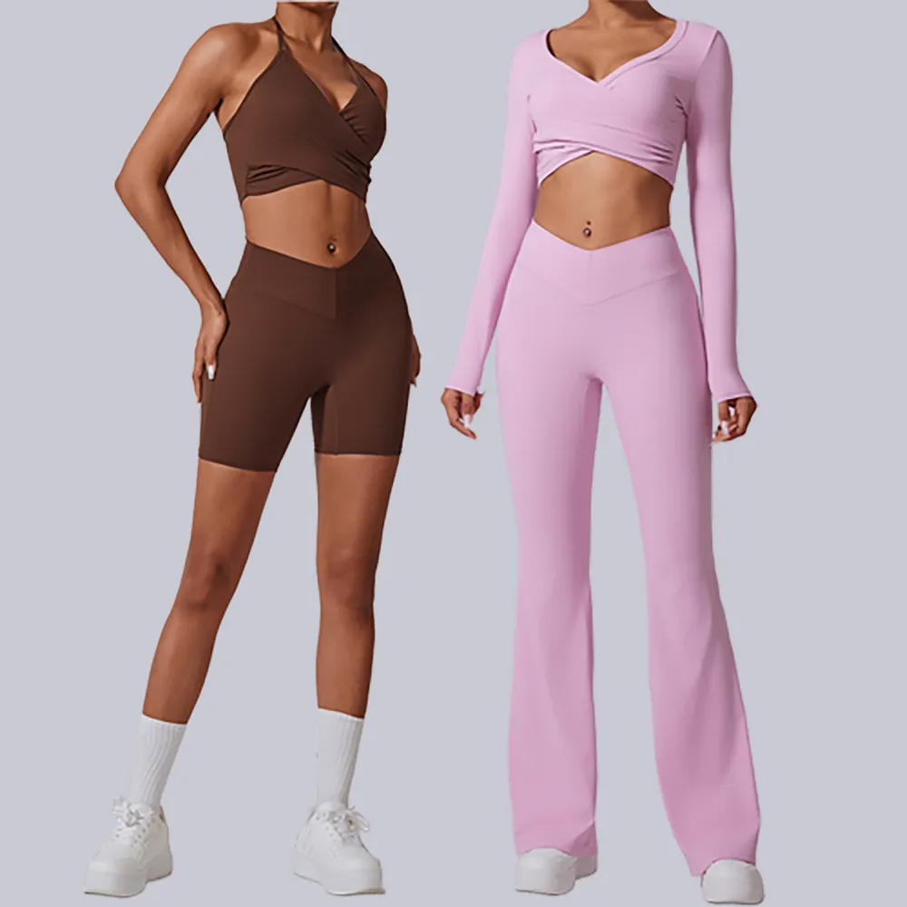 Long Sleeve Gym Outfits 4 Pieces Workout Set for Women High Waist Yoga Type Pants