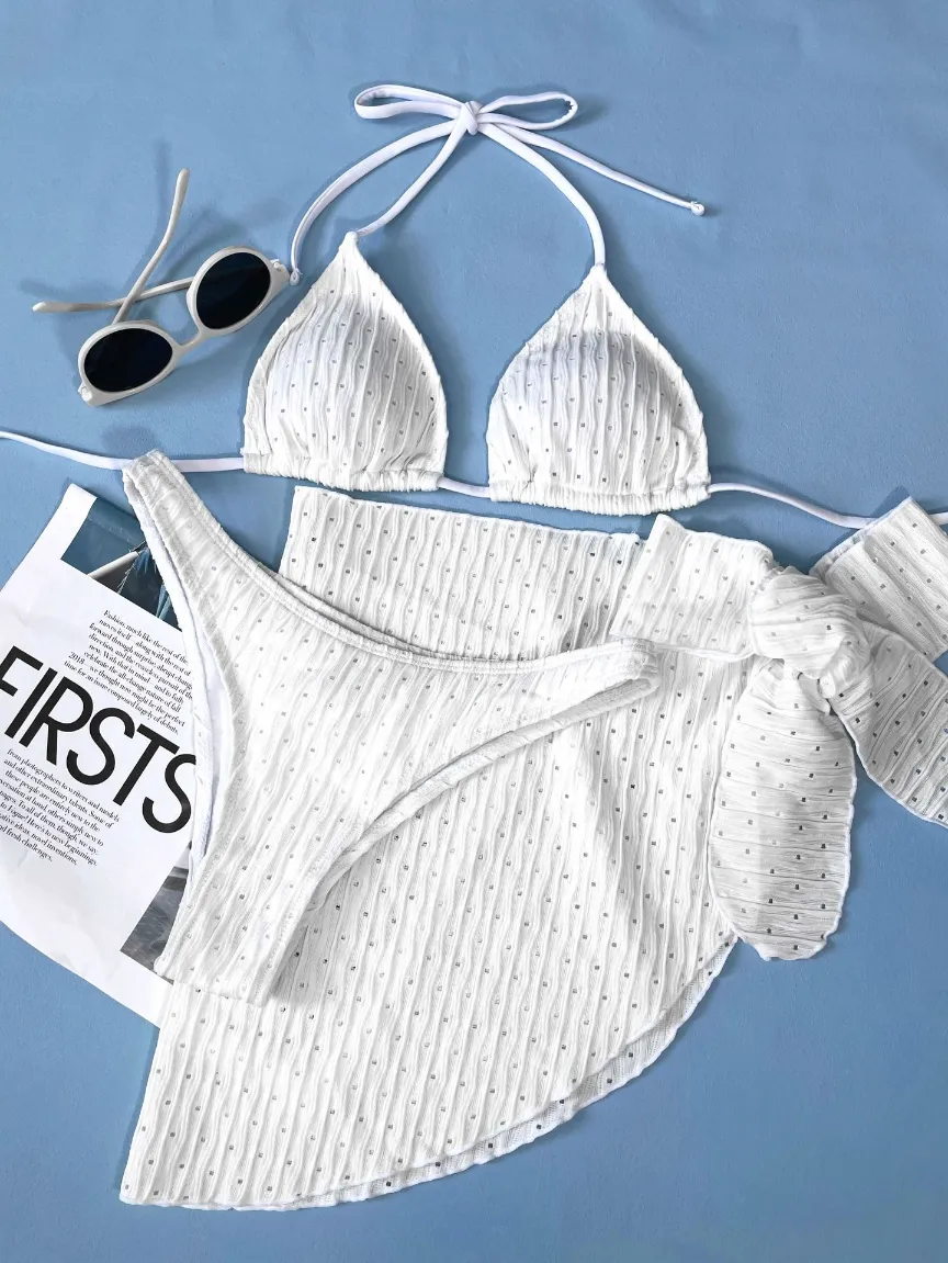 Halter Triangle String Bikini Set with Beach Skirt Swimwear Set Halter Triangle String Bikini Set with Beach Skirt Swimwear Set