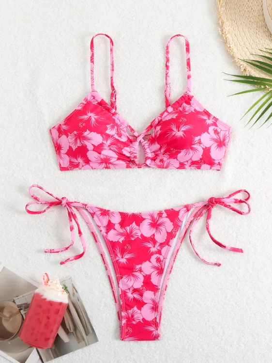 Custom Triangle Tie Thong Spaghetti Straps Two Piece Bikini Sets best material for swimsuit private label swimwear manufacturers bikini manufacturers