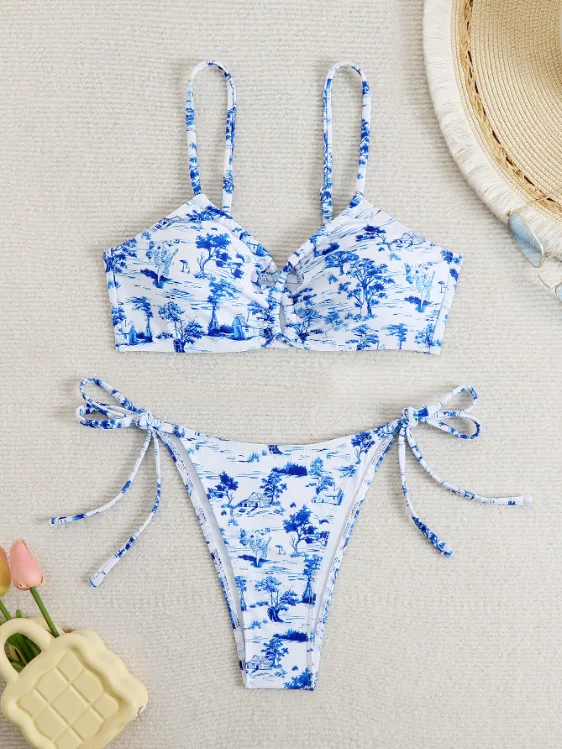 Custom Triangle Tie Thong Spaghetti Straps Two Piece Bikini Sets best material for swimsuit private label swimwear manufacturers bikini manufacturers