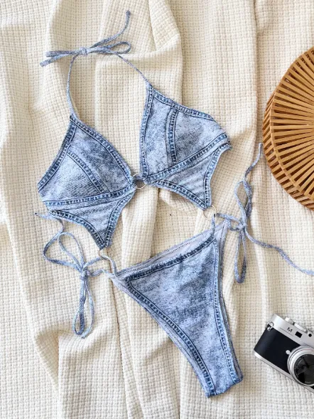 Denim Blue One Piece Swimsuit Halter Style Bikini Swimwear Manufacturer