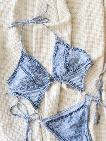 Denim Blue One Piece Swimsuit Halter Style Bikini Swimwear Manufacturer