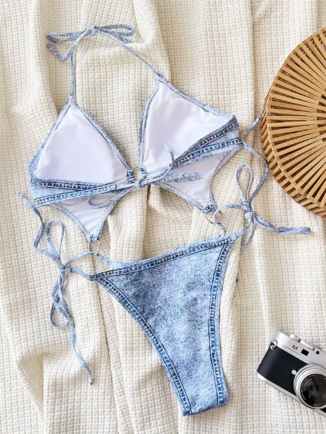 Denim Blue One Piece Swimsuit Halter Style Bikini Swimwear Manufacturer