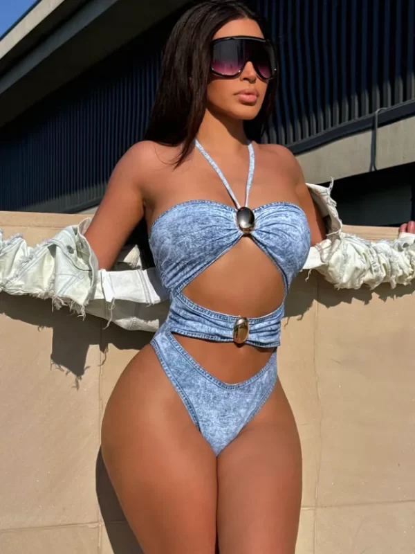 Denim Blue Halter Style One-Piece Swimsuit Private Label Swimwear Manufacturers