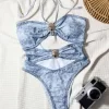 Denim Blue Halter Style One-Piece Swimsuit Private Label Swimwear Manufacturers