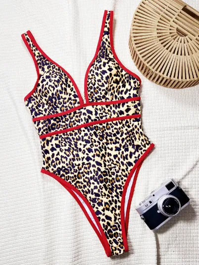 Leopard Print Deep V One Piece Swimsuit Private Label Swimwear Sexy Bikini Manufacturers