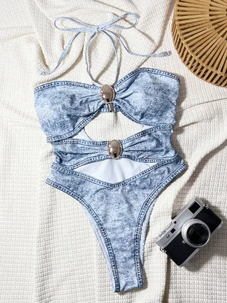 Denim Blue Halter Style One-Piece Swimsuit Private Label Swimwear Manufacturers