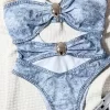 Denim Blue Halter Style One-Piece Swimsuit Private Label Swimwear Manufacturers