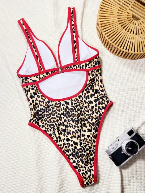 Leopard Print Deep V One Piece Swimsuit Private Label Swimwear Sexy Bikini Manufacturers