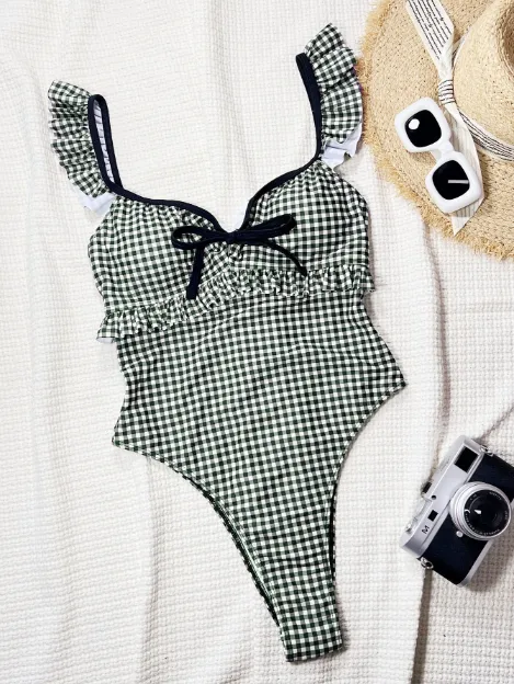 Black&White Plaid One Piece Swimsuit Wholesale Swimwear Manufacturers Bow Bikini
