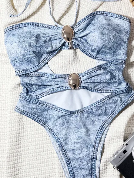 Denim Blue Halter Style One-Piece Swimsuit Private Label Swimwear Manufacturers